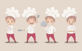 lindo personaje de chef en cuatro poses de acción, ilustración vectorial en estilo de dibujos animados vector