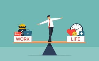 Work life balance concept, businessman standing with WORK and LIFE on seesaw vector