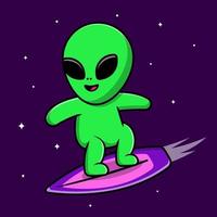 lindo alienígena surfeando en la ilustración de icono de vector de dibujos animados de galaxia. concepto de dibujos animados plana