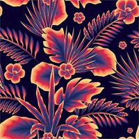 colorful abstract seamless pattern with vintage tropical monstera fern leaves and cute flowers plants foliage on dark blue background. Vector design. Jungle print. Floral background. Exotic summer