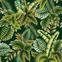 green botanical jungle illustration seamless pattern with tropical plants leaves and foliage on night background. vector design. Exotic tropics. Summer design. fashionable prints. jungle wallpaper