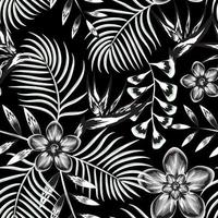 vintage abstract tropical seamless pattern with black white palm leaves and strelitzia flowers plants foliage on night background. Floral background. Exotic wallpaper. Trendy summer Hawaii print vector