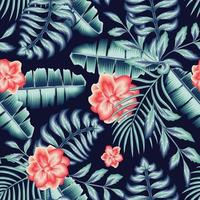 green monochromatic abstract vintage colors seamless tropical pattern with banana palm leaves and pink jasmine flower plants foliage on dark background. Exotic wallpaper. jungle prints. Summer design vector