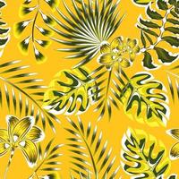 Summer seamless tropical pattern with bright leaves and flower plants on yellow background. Modern abstract design for fabric, paper, interior decor. Summer colorful hawaiian. Floral background. art vector