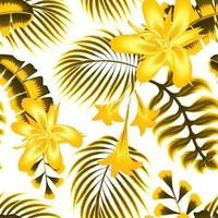 autumn seamless background with colorful tropical leaves and flowers plants foliage on white background. Vector design. Jungle print. Floral background. Printing and textiles. Exotic tropics. Summer