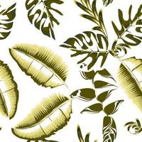 Fondo floral de verano dibujado a mano con flor de heliconia abstracta tropical y hojas de planta de monstera de plátano verde. dibujo de boceto botánico. estilo vintage, para ropa de cama, textil, tela, papel pintado vector