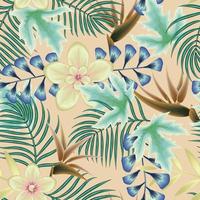 fashionable summer seamless tropical pattern with colorful plant leaves and abstract flower foliage on delicate background. Modern abstract design for fabric, paper, interior decor. nature wallpaper
