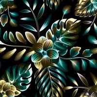 patrón transparente tropical abstracto colorido con follaje de plantas monstera y flores frangipani sobre fondo oscuro. fondo floral. diseño de verano. papel pintado de la naturaleza. arte botánico diseño de superficie vector
