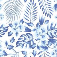 night summer tropical palm leaf seamless pattern with monstera fern leaves and plant foliage in blue monochromatic color on dark background. light flowers drawing. fashionable texture. jungle print
