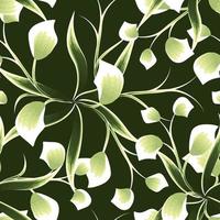 Patrón transparente floral tropical monocromático verde con hojas de plantas y follaje sobre fondo oscuro. textura de moda. fondo de pantalla de la selva. fondo floral. trópico exótico. diseño de verano. naturaleza vector