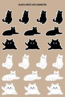 Set of black and white cute cat character design stickers. vector