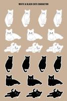 Set of black and white cute cat character design stickers. vector