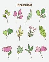 Set of flower and leaf stickers. Bullet journal stickers, planner, scrapbook stickers design. vector