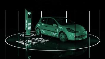 The electric car is refueling through the charger and shows on the phone screen. Indicates charging status and has scooter and pickup truck on the side. on a green turquoise background 3d rendering video