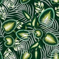 Exotic jungle plants illustration seamless pattern with abstract calla palm leaves and foliage on dark green background. fashionable texture. Vintage botanical illustration wallpaper. Exotic print vector