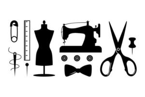 Sewing Equipment Vector Bundle. Scissors, Ruler, Safety Pin, Sewing Machine And More