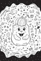 Cute monster with a pumpkin on its head doodle art vector