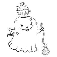 Dibujo de fantasma de garabato con una escoba de bruja y un dulce cupcake para colorear, pintar e imprimir vector