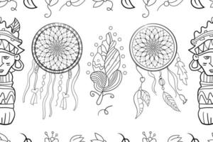 Wooden totem and boho dreamcatcher hand drawn horizontal banner vector