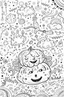 Two laughing pumpkins and cat flying on a broomstick in doodle style vector