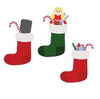 Three colorful Christmas socks with gifts. Vector illustration.