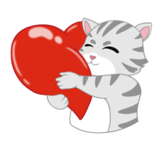 The happy American Shorthair Cat holds the big and soft  red heart acts as I love and good emotions.  Doodle and cartoon. png