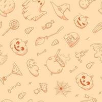 patrón sin costura vintage de halloween con garabatos dibujados a mano. bueno para estampados textiles para niños, papel para envolver, papel tapiz, álbumes de recortes, papelería, fondos, etc. eps 10 vector