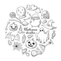 set of hand drawn Halloween doodles isolated on white background. Good for coloring pages, stickers, prints, cards, labels, tags, icons, clipart, etc. EPS 10 vector