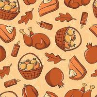 Thanksgiving seamless pattern with doodles on orange background. Good for prints, cards, wrapping paper, package, textile, wallpaper, etc. EPS 10 vector