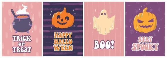 Set of Halloween cards, Halloween posters with groovy quotes and doodles. Invitations, prints, banners, stickers design. EPS 10 vector