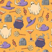 Halloween seamless pattern with hand drawn doodles on orange background. Good for prints, wrapping paper, scrapbooking, stationary, packaging, wallpaper, etc. EPS 10 vector