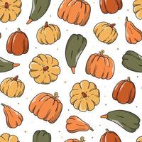 Thanksgiving and autumn seamless pattern with hand drawn pumpkins on white background. Good for wrapping paper, scrapbooking, textile prints, package, wallpaper, etc. EPS 10 vector