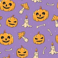Halloween seamless pattern with hand drawn pumpkins, mushrooms and candles on purple background. Good for posters, prints, wrapping paper, wallpaper, scrapbooking, kids apparel, etc. EPS 10 vector