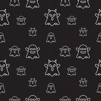 Cute ghost seamless pattern design template. Flat character vector illustration. White outline design style in black color background.