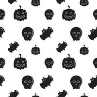 Black Skull, Bat and Pumpkin shape texture on white color background. Seamless pattern design template. Monochrome color theme. Vector illustration
