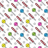 Seamless pattern with various lollipop candies and rounded star shapes element on white color background. Flat cartoon stock vector illustration. Suitable for birthday, christmas or new year event