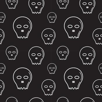 Skull character Seamless pattern design template. White outline design style in black color background. Cartoon vector illustration