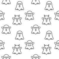 Cute ghost seamless pattern design template. Black outline design style in white color background. Flat character vector illustration.