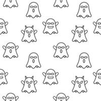 Cute ghost seamless pattern design template. Black outline design style in white color background. Flat character vector illustration.