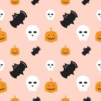 Skull, Bat and Pumpkin shape texture on pastel color background. Seamless pattern design template. White, black and orang color theme. Vector illustration