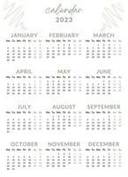 Ilustración del año calendario 2023. la semana empieza el lunes. plantilla de calendario anual 2023. diseño de calendario en colores verde y negro, vacaciones en colores verdes. vector