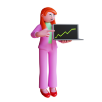 Femme d'affaires de rendu 3d pointant sur un ordinateur portable avec rapport de croissance d'entreprise à l'écran