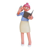 3d render woman employee holding phone and report book png