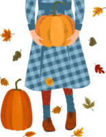 Happy Thanksgiving. Cute lady with pumpkin. png