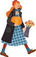 Lycklig tacksägelse. söt lady med pumpa och blommor. png