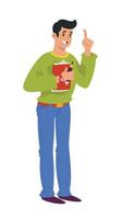 Illustration of a cartoon man with a folder. Vector. The manager in an exclamation position, calls and draws attention to himself. Coach for personal development. HR manager or sales person. vector