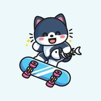 lindo gato y patineta vector