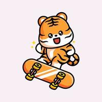 cute tiger and skateboard vector