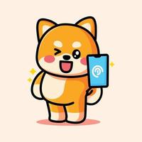 lindo shiba está apuntando al teléfono vector