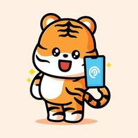 cute tiger pointing at the phone vector